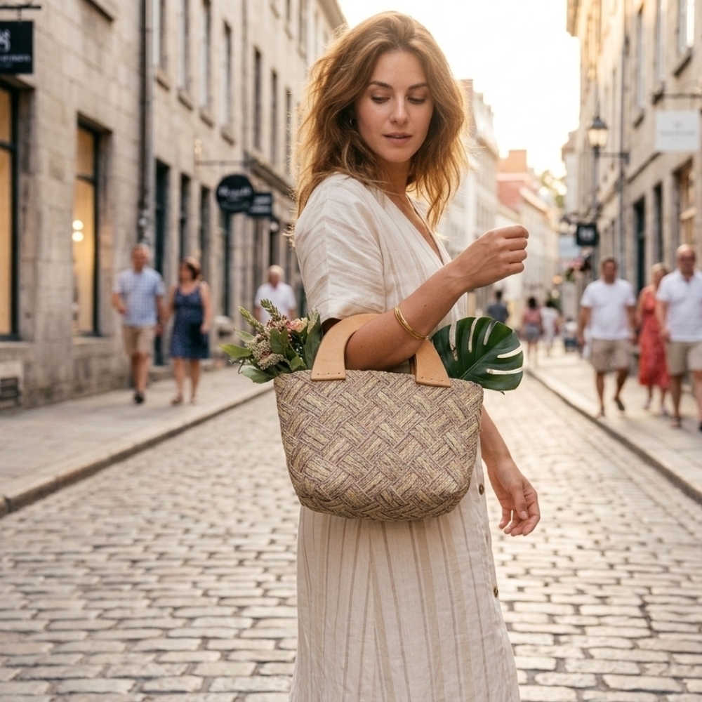 Woven Tan Satchel with Wooden Handles